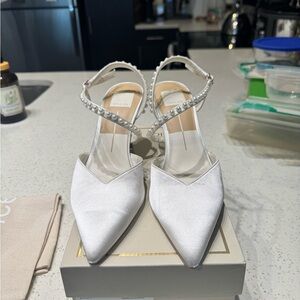 Dolce Vita White Satin Heels with Pearl Strap